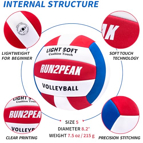 RUN2PEAK Light Soft Beginner Volleyball - Blue/Red/White, Official Size 5