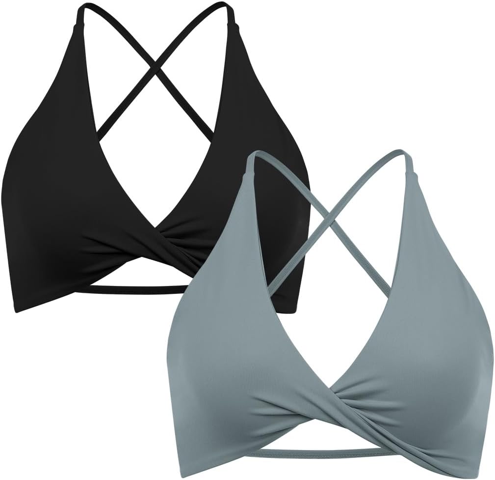 SUUKSESS Women's Strappy Sports Bra Set - Open Back & Twist V Neck Workout Crop Tops