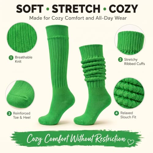 Women Slouch Socks - Cozy Scrunch Long Stack Socks, 80s 90s Style, Medium Thick Green