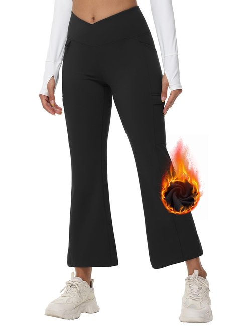 baleaf Women's 27" Fleece Lined Pants Water Resistant Crossover Flare Leggings Bootcut Hiking Thermal Winter Outdoor Black L