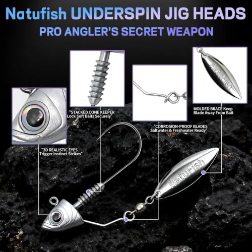 Natufish Underspin Jig Heads 6Pcs Brass Blade Flash for Bass Saltwater - 1/8 oz / 3.5g