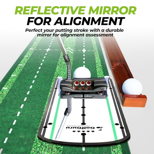 Golfguru Professional Dual-Hole Putting Green Mat with Mirror & Automatic Ball Return - 9.8FT Indoor & Outdoor Practice Mat