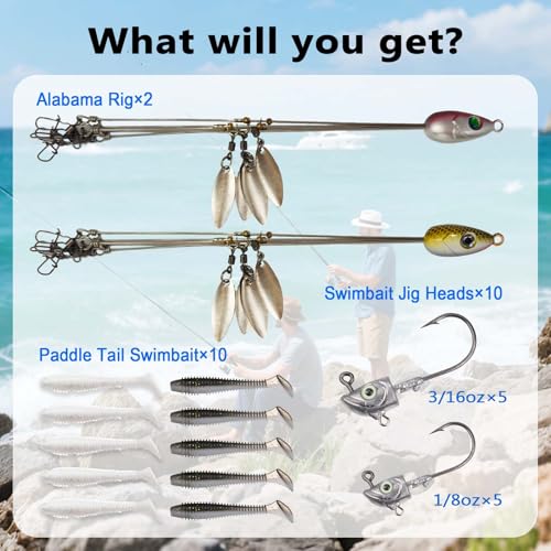 2-Pack Alabama Fishing Rig Kit with 10 Lures & Jig Heads for Bass & Striper