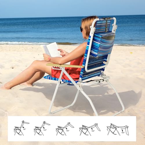 Tall Beach Chair for Adults 17" High Backpack Reclining with Cooler Pouch - Striped Blue 2-Pack