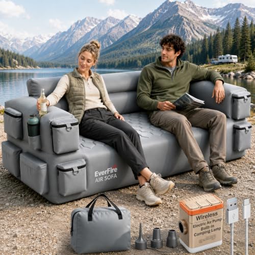 Everfire Nebula Gray Portable Inflatable Couch with Built-in Pump, 3-Seater Camping Sofa