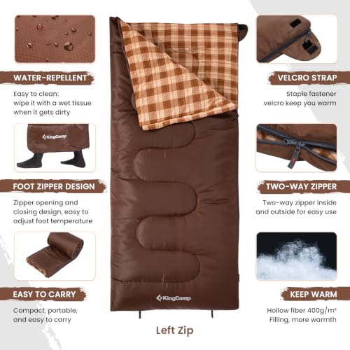 KingCamp XL Flannel Sleeping Bag for Adults - COCOA / Left Zip, 39°F Comfort