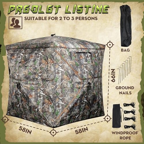 Lenotos 270° See-Through Hunting Blind - Pop Up Ground Blind for 2-3 People, Camouflage, Silent Windows, Portable Durable Ground Blind for Deer & Turkey Hunting - Variation 1013