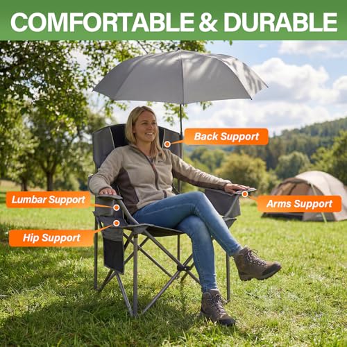 Black 2 Pack Oversized Camping Chairs with Adjustable Umbrellas and Padded Backrest