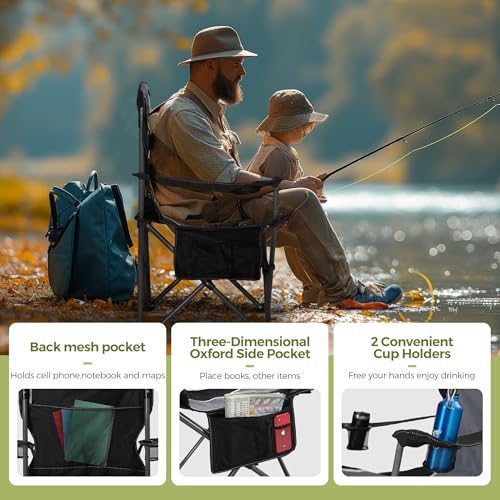 Oversized Camping Folding Chair with Cup Holders - Heavy Duty Steel Frame, 350 LBS Support, Black & Grey 2-Pack