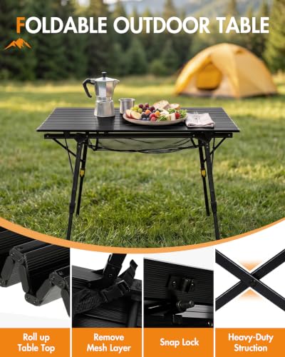 Portal Camping Folding Aluminum Table with Mesh Storage - Black, Large 35.4"L x 20.9"W, Adjustable Height