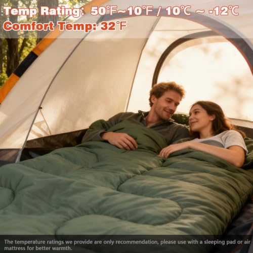 WKFAMOUT Olive Double Sleeping Bag for Adults, 2 Person Cold Weather Camping