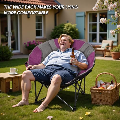 Oversized Camping Moon Chair - Purple & Grey Folding Padded Saucer with Side Pocket, 500lbs Capacity