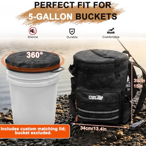 MDSTOP Black Camo Fishing Bucket Backpack with Seat & Tackle Storage
