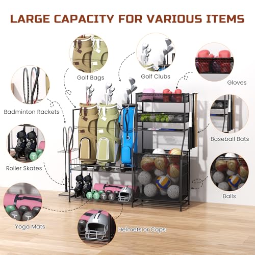 Heavy-Duty Garage Sports Equipment Organizer with Golf Bag Stand & Hooks