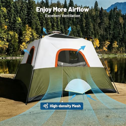 4 Person Army Green Camping Tent with Instant Setup, Waterproof, 8x8 ft, 1 Door & 4 Windows
