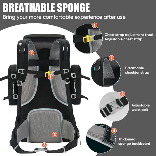 Waterproof Hiking Backpack 70L with Rain Cover for Camping & Climbing - Black