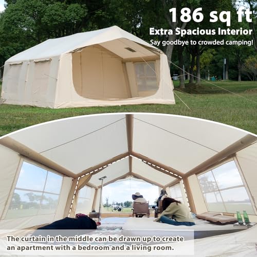 Beige 12-Person Inflatable Camping Tent with Rainfly, Hand Pump & Stove Jack