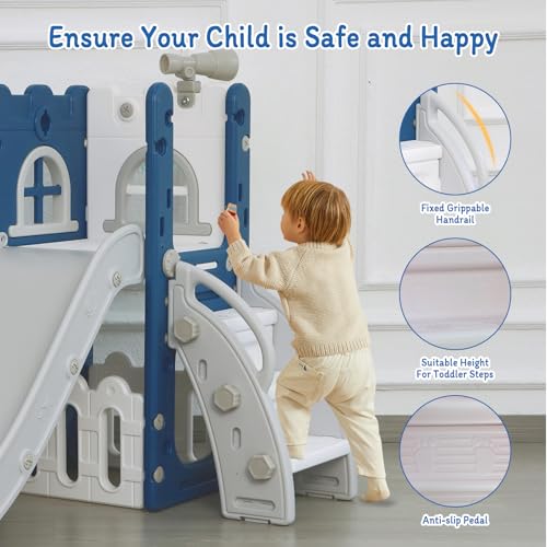 Blue 6-in-1 Toddler Slide Climber Playset with Basketball Hoop & Storage