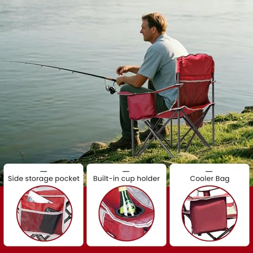 Red Oversized Camping Chair 500lbs Heavy Duty Padded Outdoor Seat with Lumbar Support