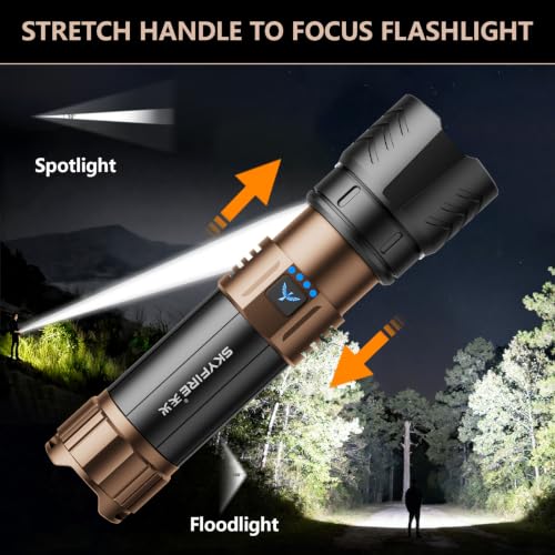 SKYFIRE Rechargeable Super Bright Tactical Flashlight SF1097-Black&Gold-Plus-Lens, 3000lm, Waterproof, Zoomable, Fire Starting, 50H Runtime