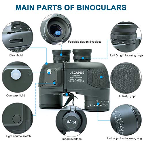 USCAMEL 10x50 Marine Binoculars with Compass & Rangefinder Waterproof for Sailing & Water Sports