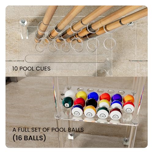 Clear Pool Cue Rack with Casters for 10 Cues & 16 Balls - Portable Billiard Stand