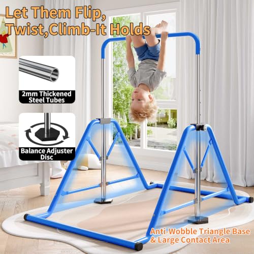 Kids Adjustable Gymnastics Bars with Rings - Blue, Space-Saving Foldable Design, 45-61 inches