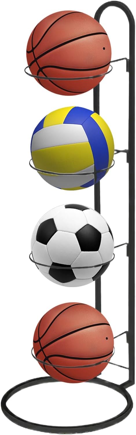 Skiennix 4-Tier Ball Storage Rack - Heavy-Duty Carbon Steel Holder for Basketball & Football | Multi-Purpose Vertical Design