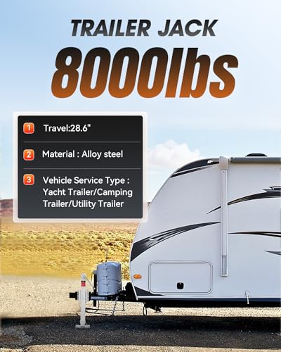 Heavy Duty Trailer Jack 8000 lbs Capacity - Silver, 28.6 Inch Vertical Travel