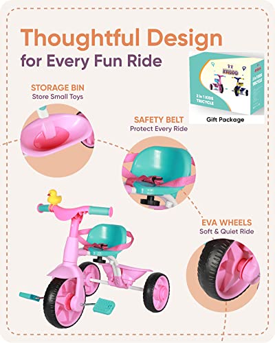 KRIDDO 2-in-1 Toddler Tricycle with Push Handle and Pink Eva Wheel - Ages 1.5-3