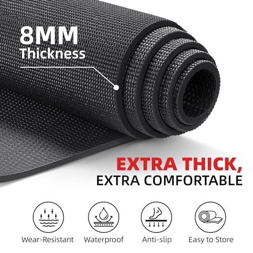 GymCope Extra Large Exercise Yoga Mat 6'x4' Black 8mm Thick Non-Slip Workout Mat