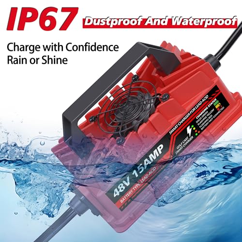 Akizbeir 48V 15A Golf Cart Battery Charger for Club Car Precedent & DS - Waterproof Smart Lead-Acid Charger with 3-Pin Round Plug, Red