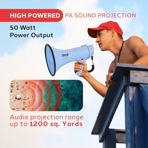 50W Blue Megaphone Bullhorn with Siren, AUX Input & Adjustable Volume