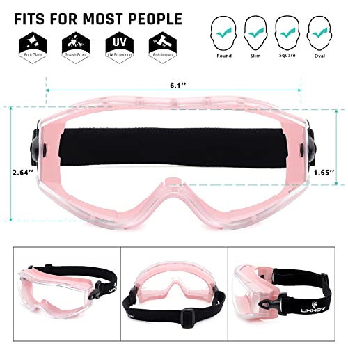 UKNOW Safety Goggles Over Glasses Pink - Anti-Fog Clear Lens, ANSI Z87.1 Certified Eye Protection
