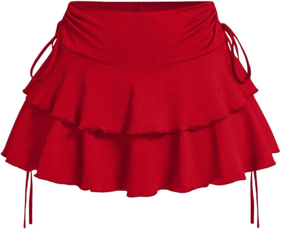 Skiennix Women's Y2K Mini Ruffle Skirt - Cute Tiered Design with Shorts & Elastic Waist | Bow Tie Detail