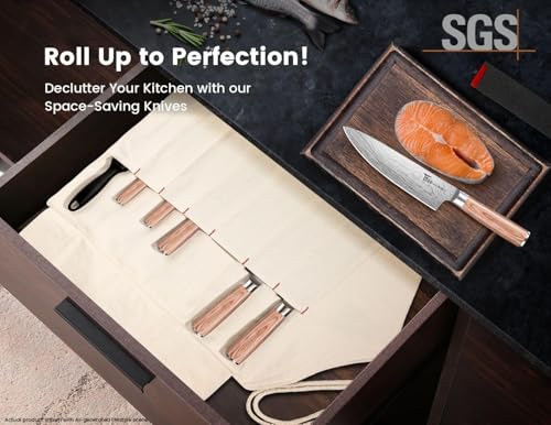 SYOKAMI 14-Piece Chef Knife Set with Pakkawood Handles & Travel Roll Bag - Beige