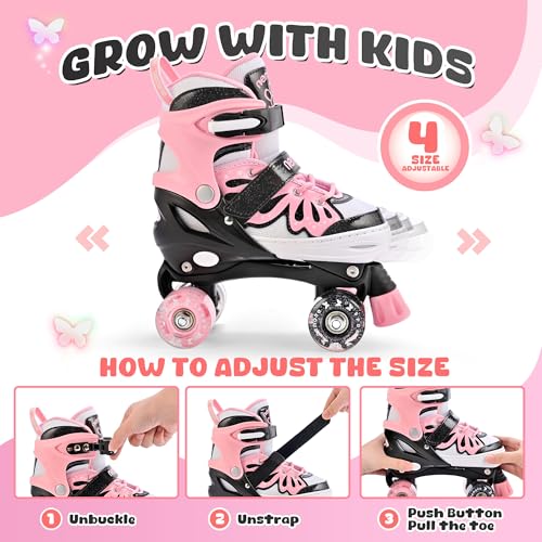 Adjustable Light Up Mermaid Roller Skates for Girls & Boys - Large Youth, Butterfly Design