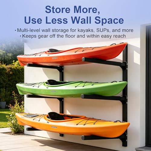 FitiRoker Heavy-Duty Kayak Wall Rack 200 lb Capacity, 3 Tier, Adjustable Support Arms