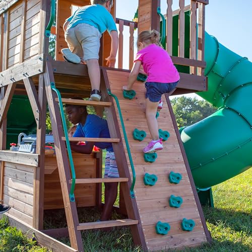 Cedar Cove Wooden Swing Set with Slides, Climbing Wall & Playhouse