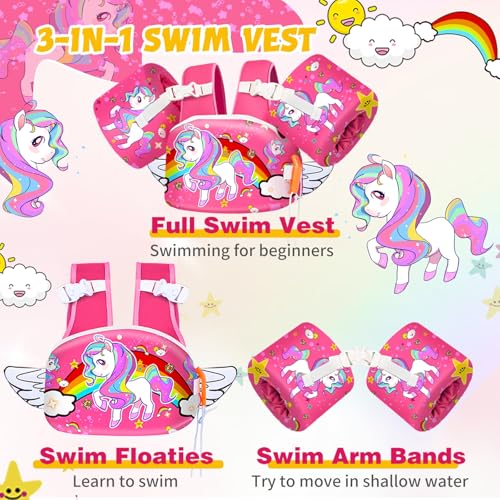 Unicorn Pink Toddler Swim Vest with Arm Floaties - Water Safety for Kids 2-7 Years