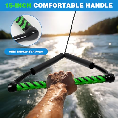 Green 75FT No Stretch Dyneema Wakeboard Rope & Handle - Adjustable Water Ski Tow Line