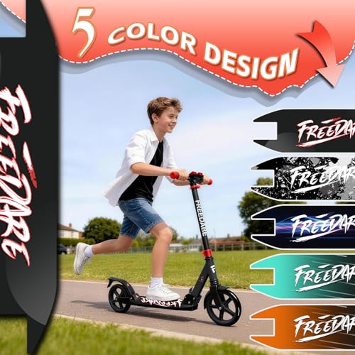 FREEDARE Foldable Kids & Teen & Adult Kick Scooter - Black Red, Adjustable & Lightweight