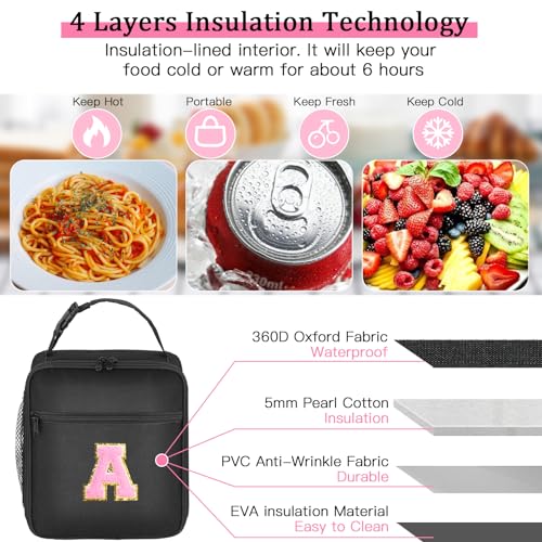 SANBADA Personalized Pink Insulated Lunch Bag with Letter A Patch for Teens & Adults