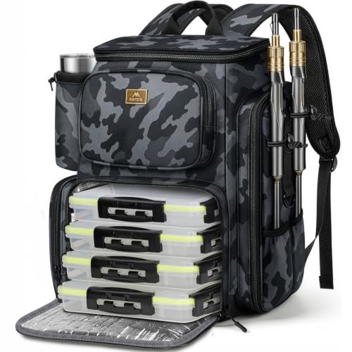 Fishing Backpack with 4 Tackle Boxes and Insulated Cooler - Camouflage