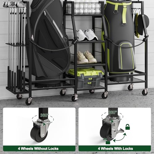 Neatolgrid Golf Bag Storage Rack for Garage - Dual Bag Organizer with Wheels