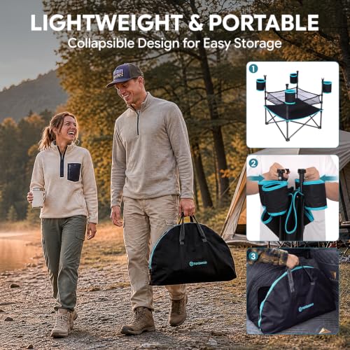 FUNDANGO Foldable Camping Table with Removable Mesh Shelf & 4 Cup Holders - Black