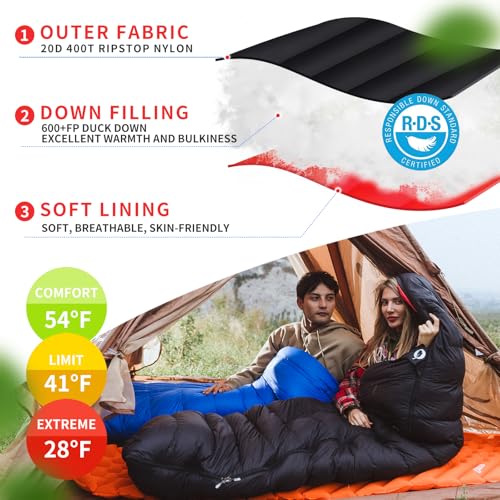 QEZER Ultralight Down Sleeping Bag for Adults - Black, 41°F-54°F, 600 Fill Power
