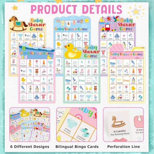 Baby Shower Bingo Game Cards Bilingual Spanish & English Party Supplies