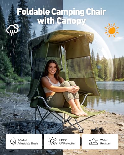 AKSOUL Green Folding Camping Chair with Shade & Cup Holder - Portable Beach & Outdoor Seat, Supports 330 lbs