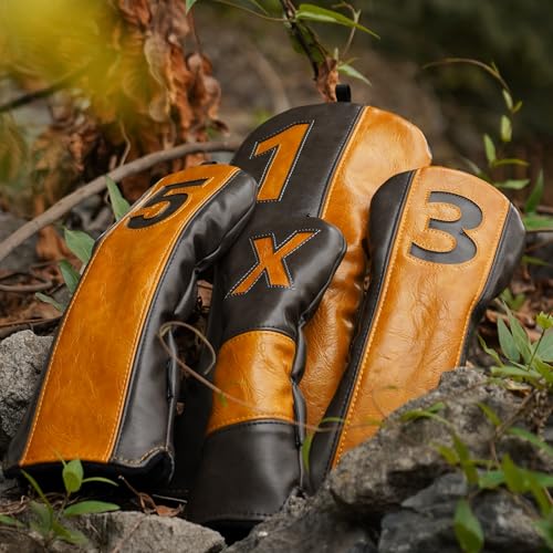 Golf Headcovers Set of 4 - Gray & Brown Classic Club Covers with Numbers 1 3 5 X - Premium Protection & Secure Fit